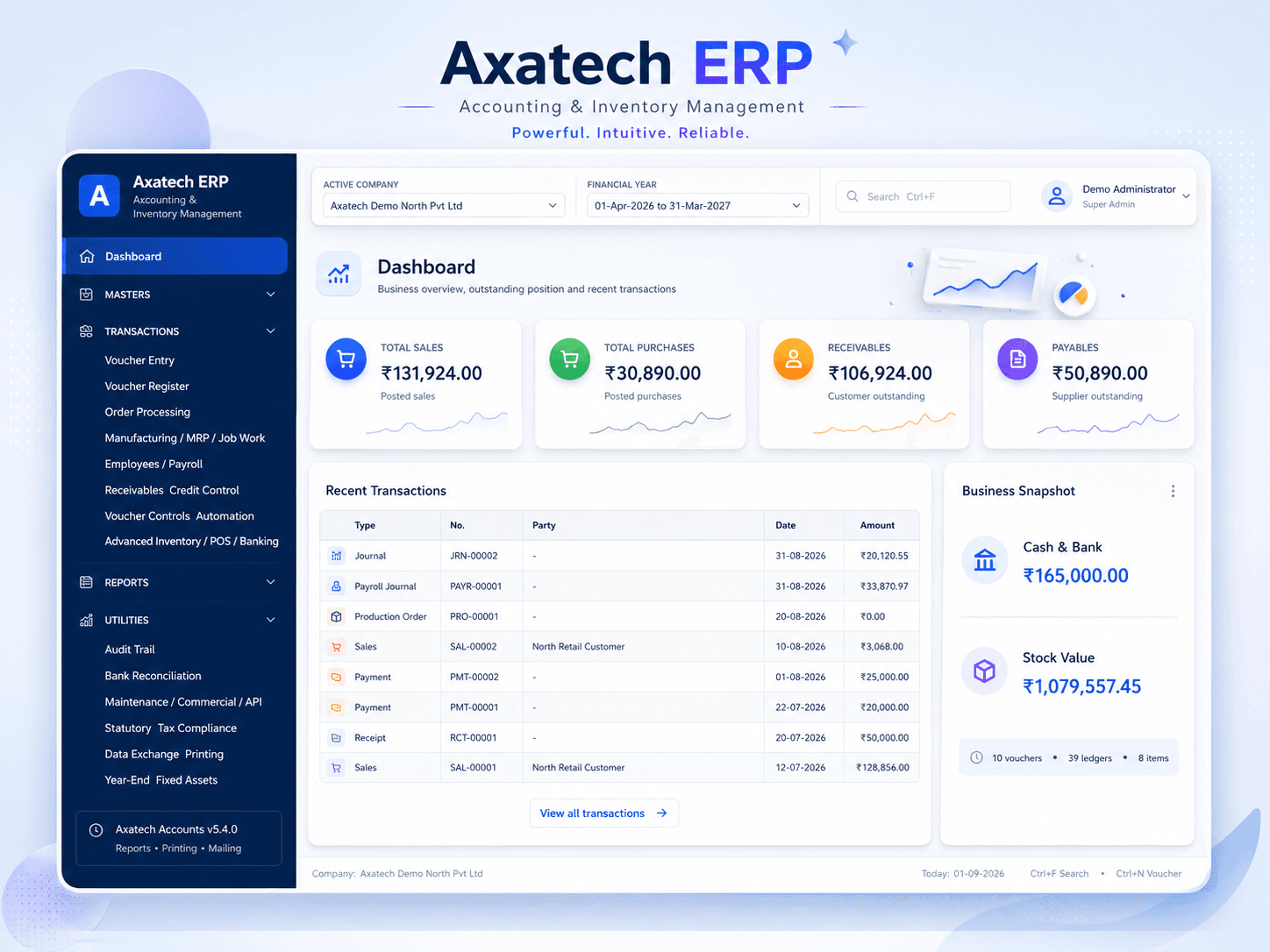 Axatech ERP accounting inventory and business management dashboard